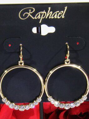 NWT Raphael Gold Tone Drop Circle Earrings w/ Sparkling Clear Rhinestones